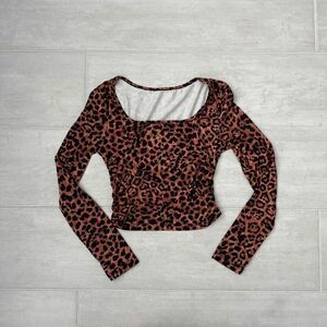 SHEIN Long Sleeve Crop Top Leopard Animal Print Side Ruching Scoop Neck XS